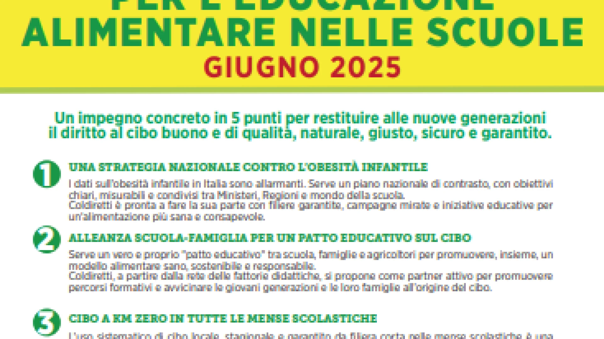 Cibo: Coldiretti redige manifesto per educazione alimentare nelle scuole